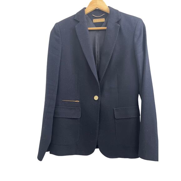 Massimo Dutti Cotton Wool Blend Blazer Gold Zipper Pocket Navy size 6 - Picture 2 of 8